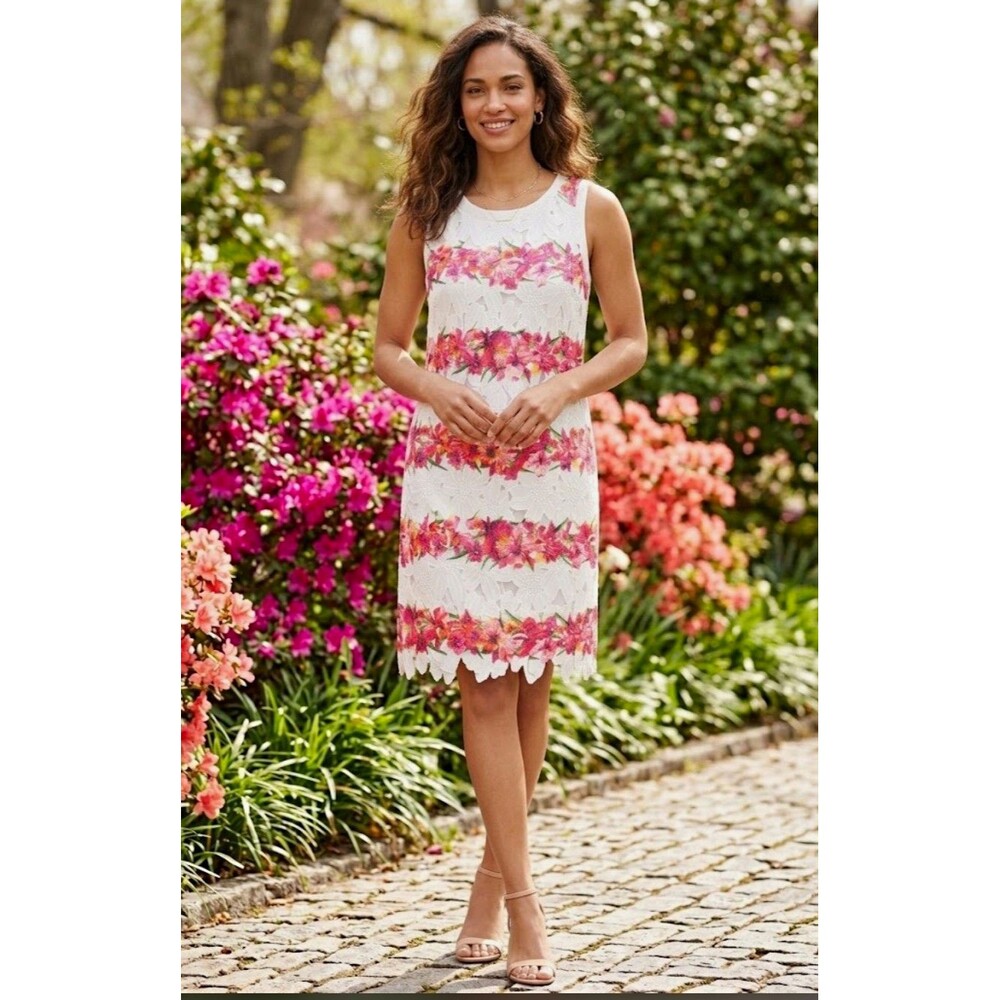 Patrizia Luca White Floral Lace Sheath Dress Sleeveless Round Neck Knee Sz L
